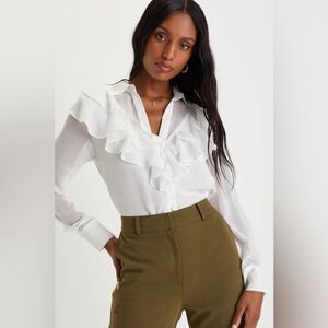 LULUS | Decadent Attitude Ivory Chiffon Ruffled Button-Front Top